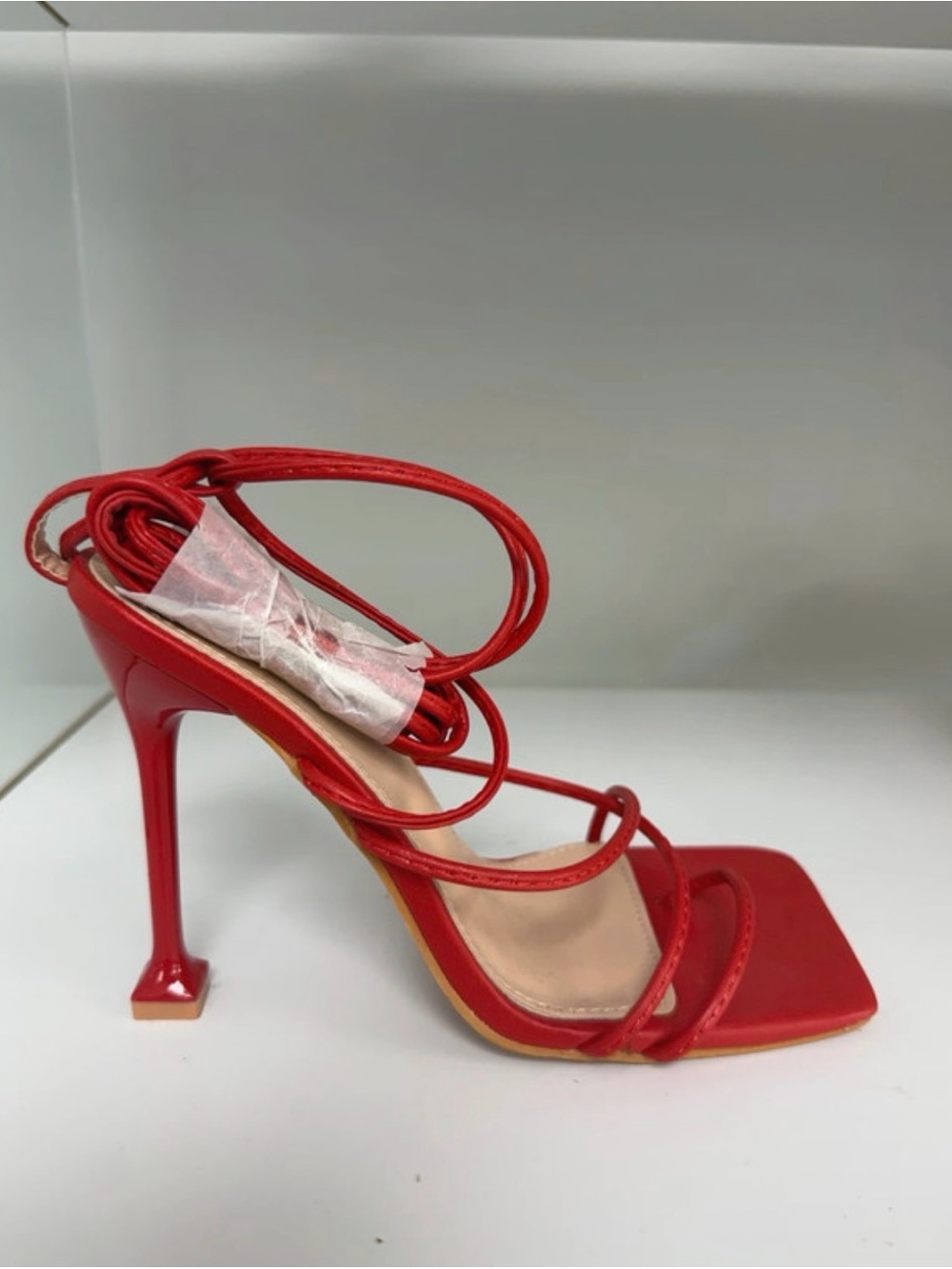 Red Strappy Square-Toe Stiletto Sandal